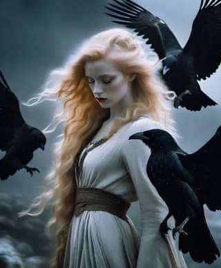 with long hair and a raven is standing in front of a raven