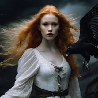 red haired woman with a raven