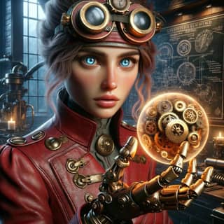 in a steampunk outfit holding a clock