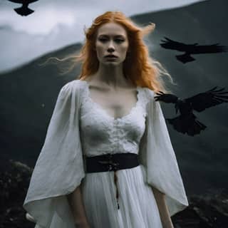 in a white dress and black crows