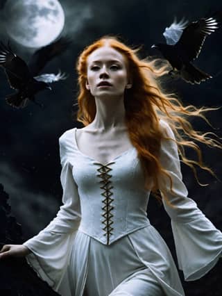 in white dress with crows flying around her