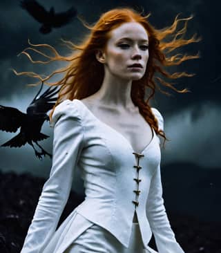 in white dress with ravens flying around her