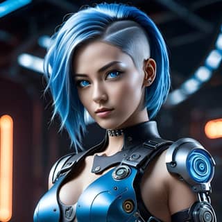 with blue hair and a robot suit