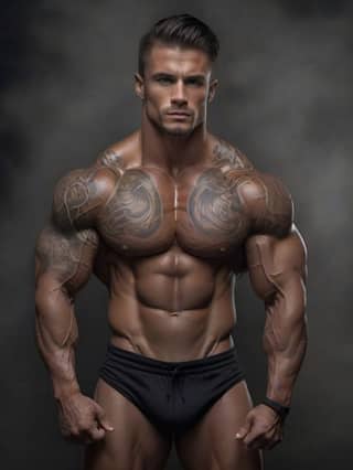 a muscular man with tattoos on his chest