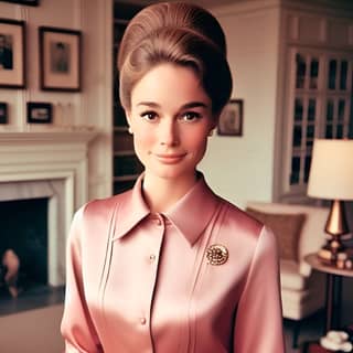 in a pink blouse and skirt sitting at a table