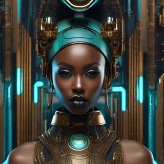 an african woman in futuristic armor with a futuristic headpiece