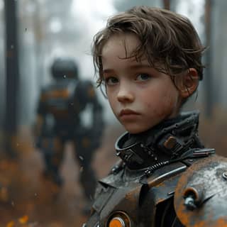 boy in a robot suit stands in the woods