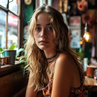 in a floral top sitting at a table