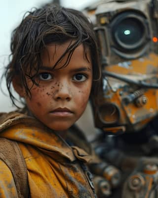 a little girl is standing next to a robot