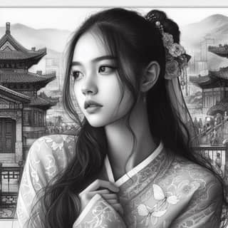 a black and white drawing of a girl in an asian dress