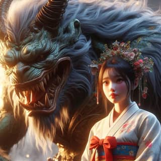 a girl in a kimono sitting next to a demon