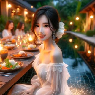 beautiful sitting at a table with candles and food