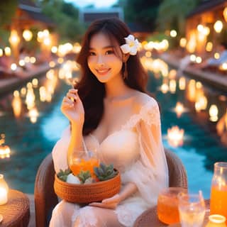 beautiful in wedding dress sitting on a chair by a pool with candles and flowers