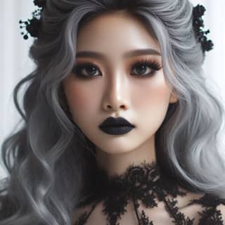 with long gray hair and black lipstick