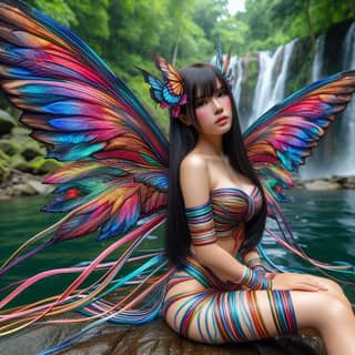 woman with colorful wings sitting on a rock