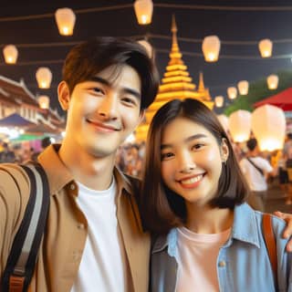 asian couple taking selfie in front of pagoda