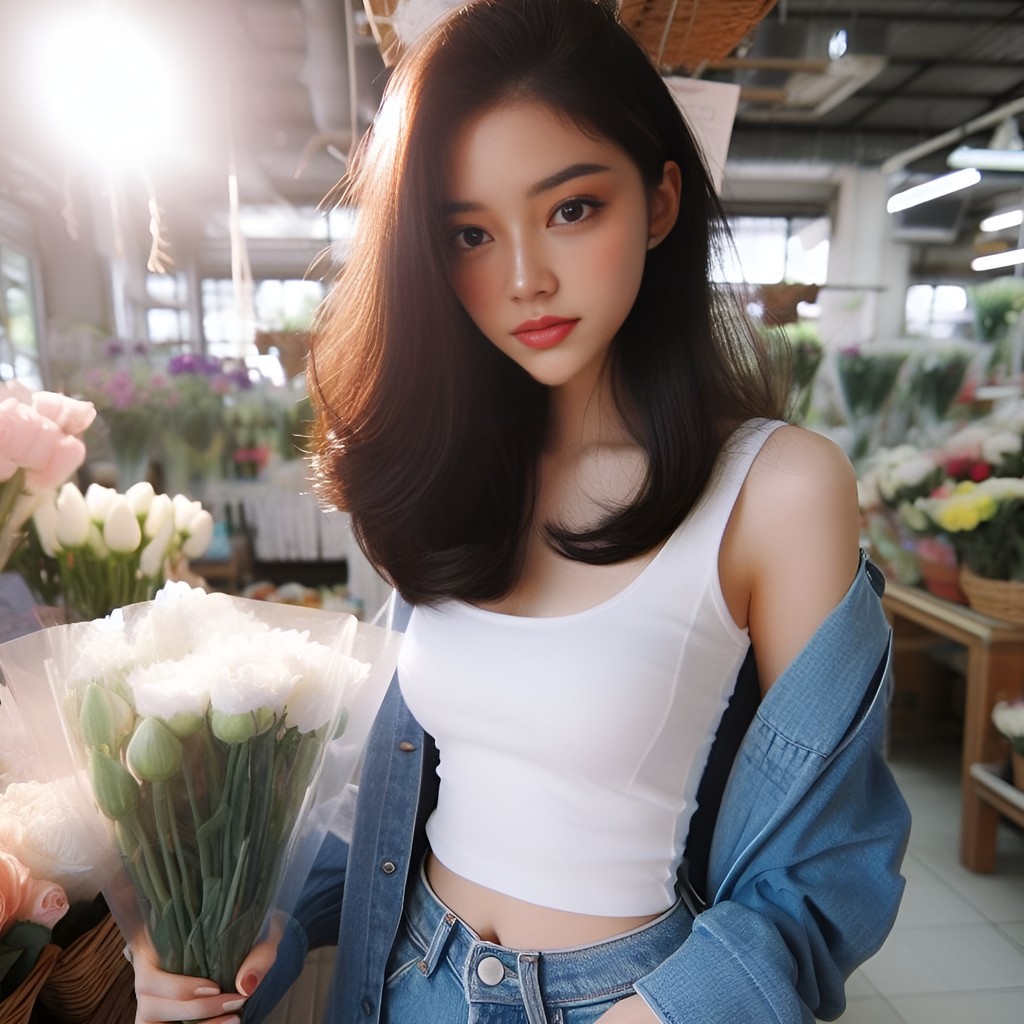 in a crop top and denim jacket holding flowers