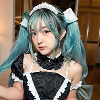 dressed as a maid with blue hair