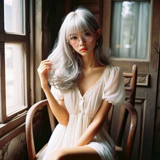 with long white hair sitting on a chair