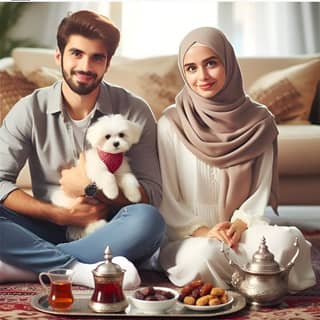 arabic muslim couple with dog in living room