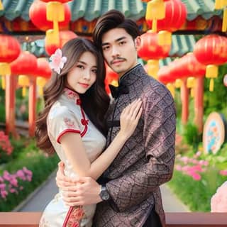 a couple in traditional chinese clothing pose for a photo