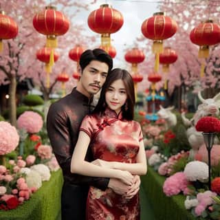 a couple in traditional chinese clothing posing in front of a garden
