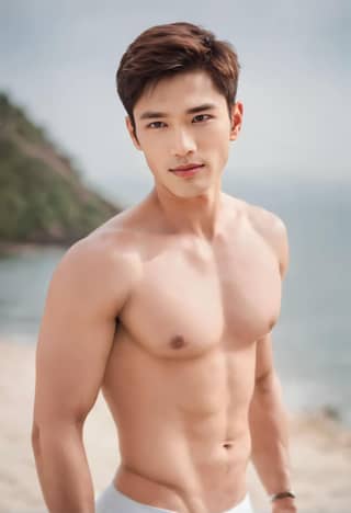 a shirtless asian man on the beach