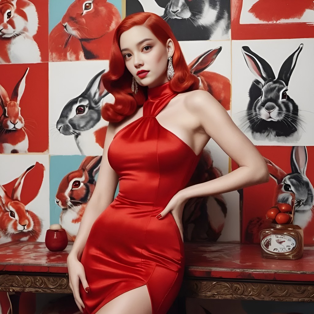 in a red dress posing in front of a wall with rabbits