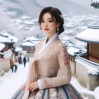 Frau in einem asiatischen Kleid steht im Schnee.