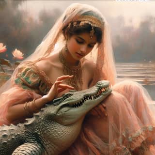 in a pink dress holding a crocodile