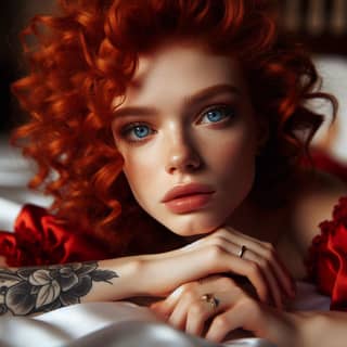 red haired woman with tattoos laying on a bed