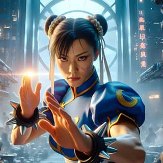 the character in street fighter is holding up her hands