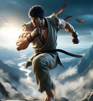 the street fighter character is running on a mountain