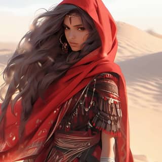 in a red cloak and red cloak standing in the desert