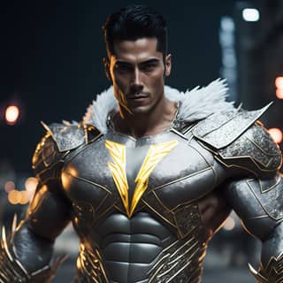 in a silver and gold costume