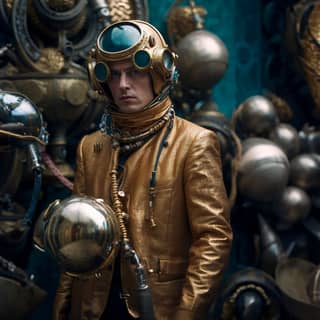 in a gold suit and helmet standing in front of a bunch of metal objects