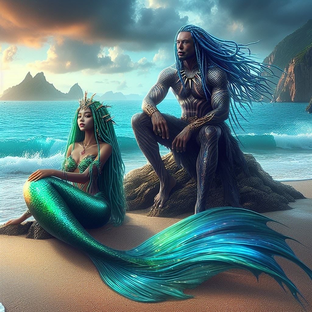 Sirenita y hombre en la playa.