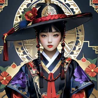 in traditional clothing with a large hat