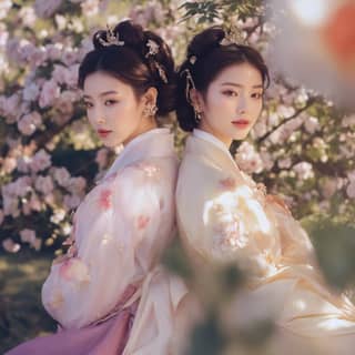 two women in traditional korean clothing sitting in a park