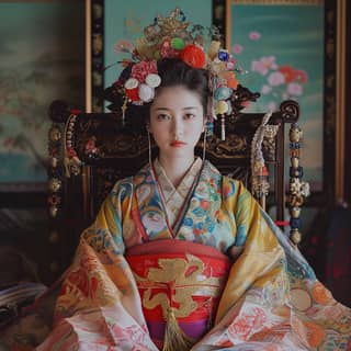 Một người phụ nữ mặc một bộ kimono truyền thống ngồi trên một chiếc ghế.