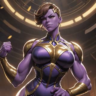 a female character in purple armor