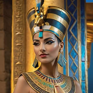 an egyptian woman wearing a headdress and gold jewelry