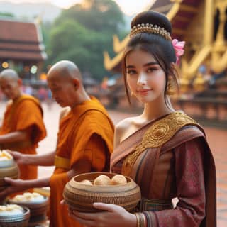 beautiful thai girl in traditional dress holding bowls of food