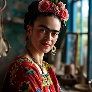 in a colorful dress with a flower in her hair