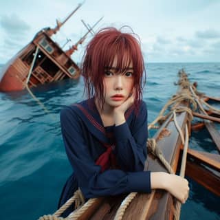 a girl in a sailor outfit sitting on a boat in the ocean