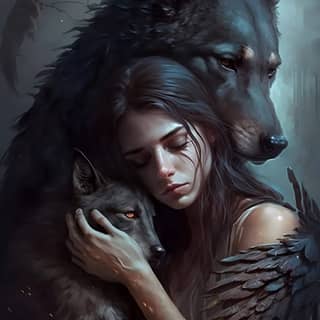 hugging a wolf with her arms around it