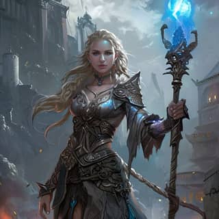 in a long dress with a sword and a blue light