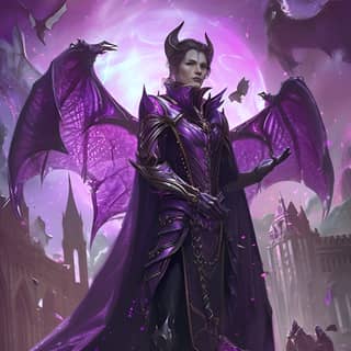 a purple demon with wings and a sword