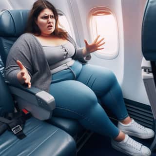 Una persona sentada en un avión con los brazos extendidos.