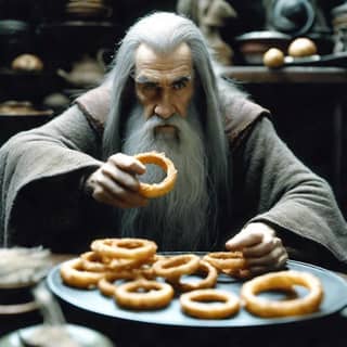 an old man with long white hair is holding a tray of donuts